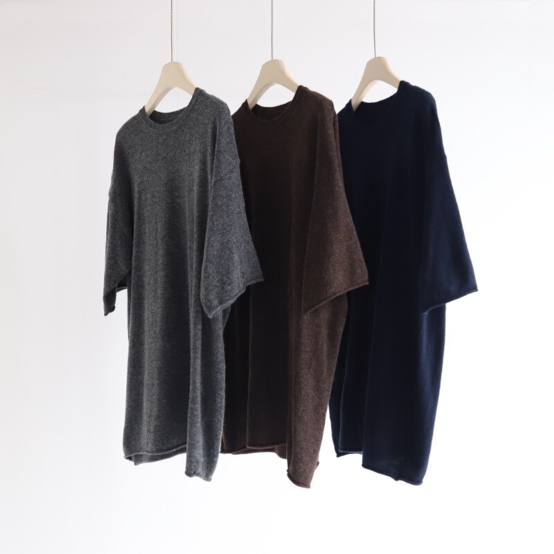 Lazy Loose Mid-Length Half-Sleeved Mandala Wool Blend Pullover Top Women's Solid Color Simple Knitwear