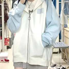 垮境美式高街撞色连帽开衫卫衣春秋宽松慵懒风情侣棒球服外套上衣