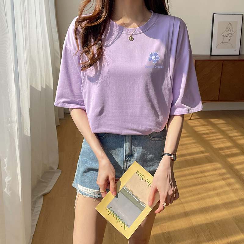 6548-52 보라색 인쇄 파란색 보라색 꽃 [짧은 소매의 느슨한 버전]]