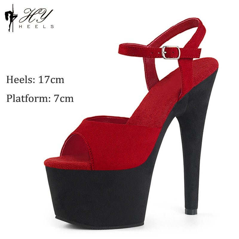 Sandal cao gót nữ da lộn gót 17 cm mũi nhọn kiểu dự tiệc và trình diễn — Đỏ đen, Đen Đỏ, Đỏ rượu, Màu đen
