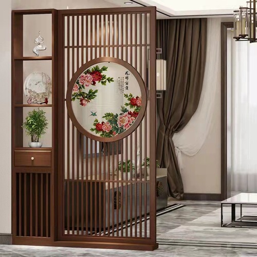 Stainless steel screen partition with titanium gold hollow carved floral pattern hotel floral lattice modern metal Chinese style living room entrance double artificial mountain