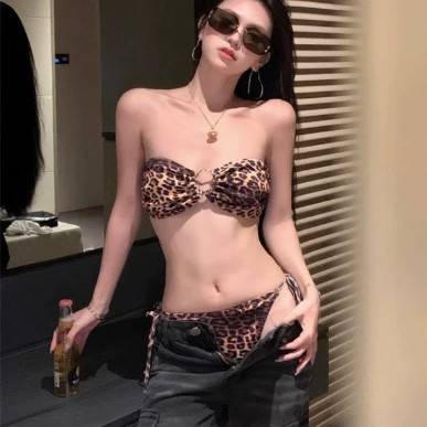 European and American Three-point Strapless Leopard Print Bikini Swimsuit Women's Split Triangle Strapless Sexy Bikini Swimsuit