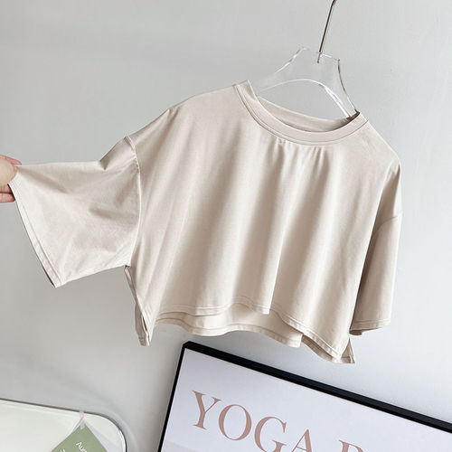 European and American style short-sleeved crop top leisure sports T-shirt, breathable dance yoga cover-up fitness short-sleeved top