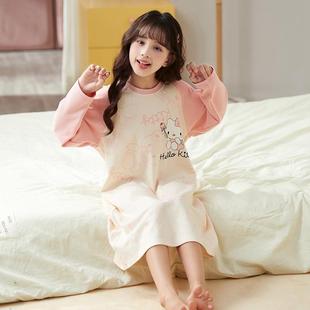 Girl's Nightgown Pure Cotton Summer Thin Long Sleeve Children's Big Children's Princess Style Cartoon Dress Home Clothes Spring and Autumn