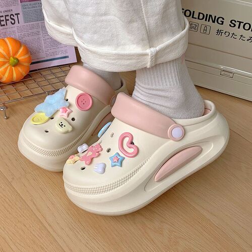 Dopamine Thick Sole Hole Shoes for Women, Summer Outdoor Slip-Resistant Height Increasing Sandals with Toe Covers, Half Slippers for Swings