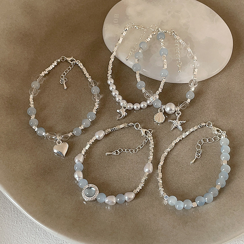 Aqua Blue Color Series Broken Silver Natural Stone Beaded Bracelet Women's Fresh Fashion Personality All-match Bracelet Bracelet