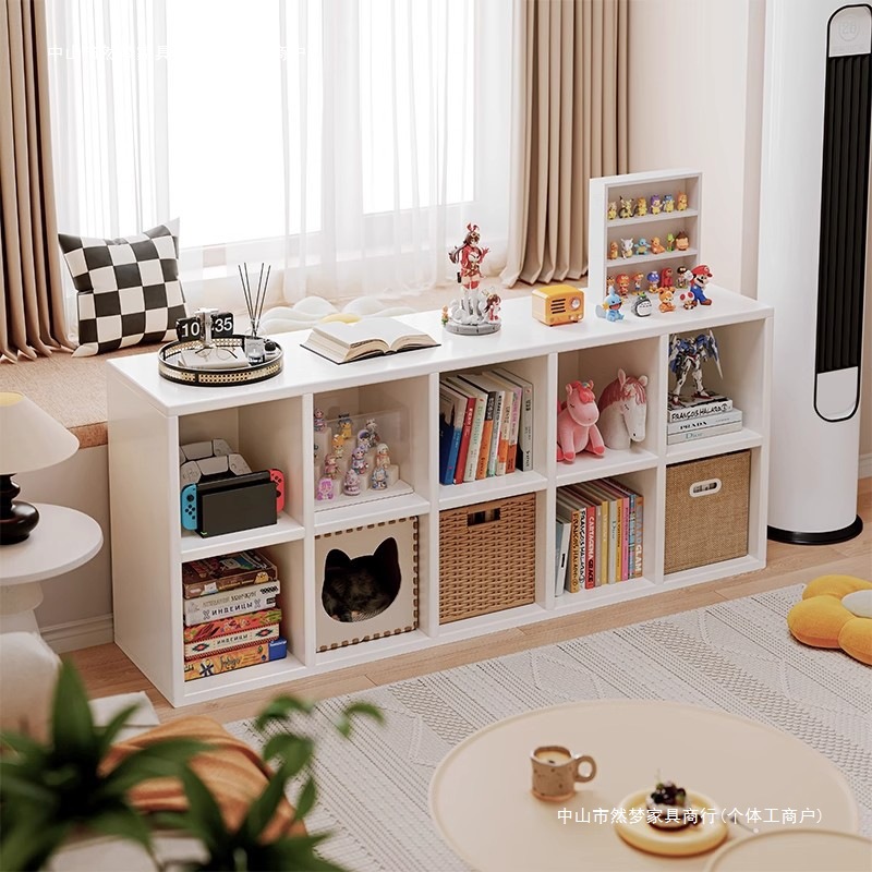 Solid Wood Bay Window Bookshelf Storage Rack Floor-Standing Grid Cabinet Living Room Home Cabinet Storage Cabinet Children's Book Storage Cabinet