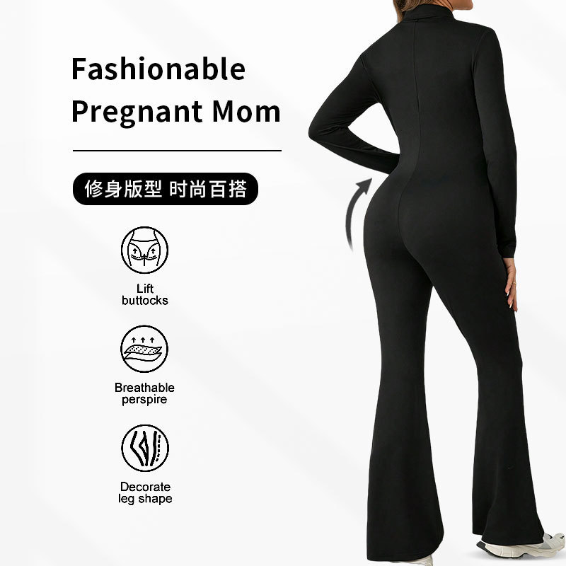 ヨーロッパとアメリカのクロスボーダー2025秋新作妊婦用スリムでファッショナブルな腹部サポートとヒップアップジッパー付きVネックジャンプスーツ|undefined