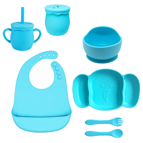 Amazon's new elephant silicone dinner plate, anti-fall suction cup, children's mother and baby elephant dinner plate, 7-piece set of silicone dinner plate