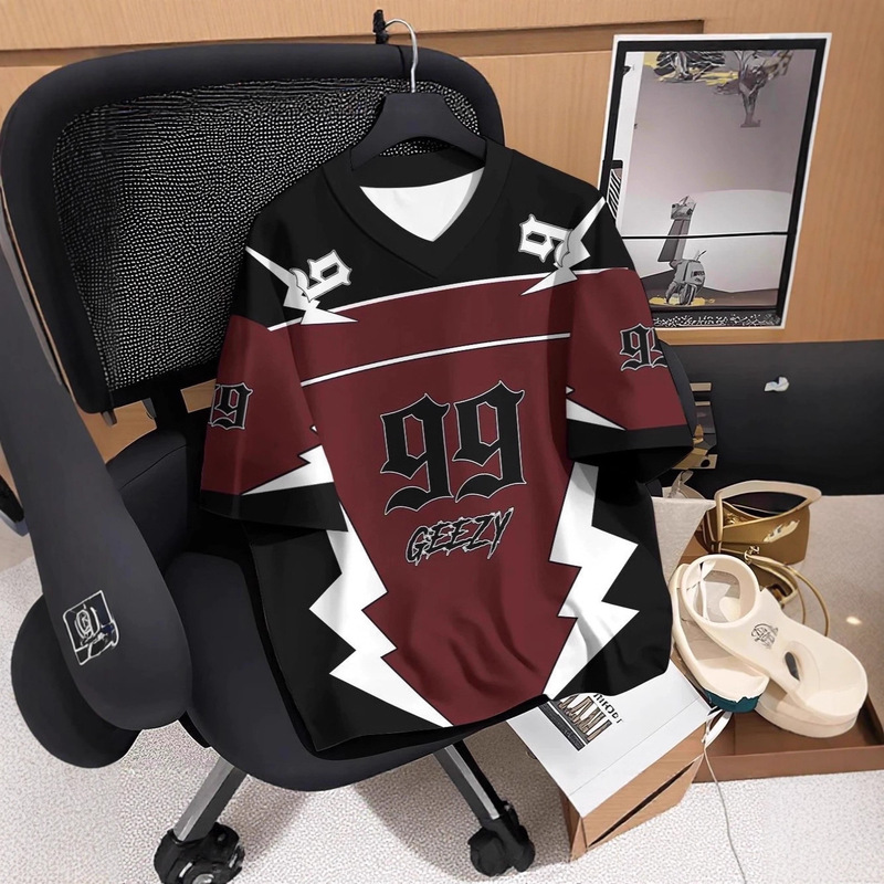 99 American Retro V Neck Ice Hockey Uniform T-Shirt Short-Sleeved Men's and Women's Summer Mesh Splicing 2025 Style Sports Sleeve Tops