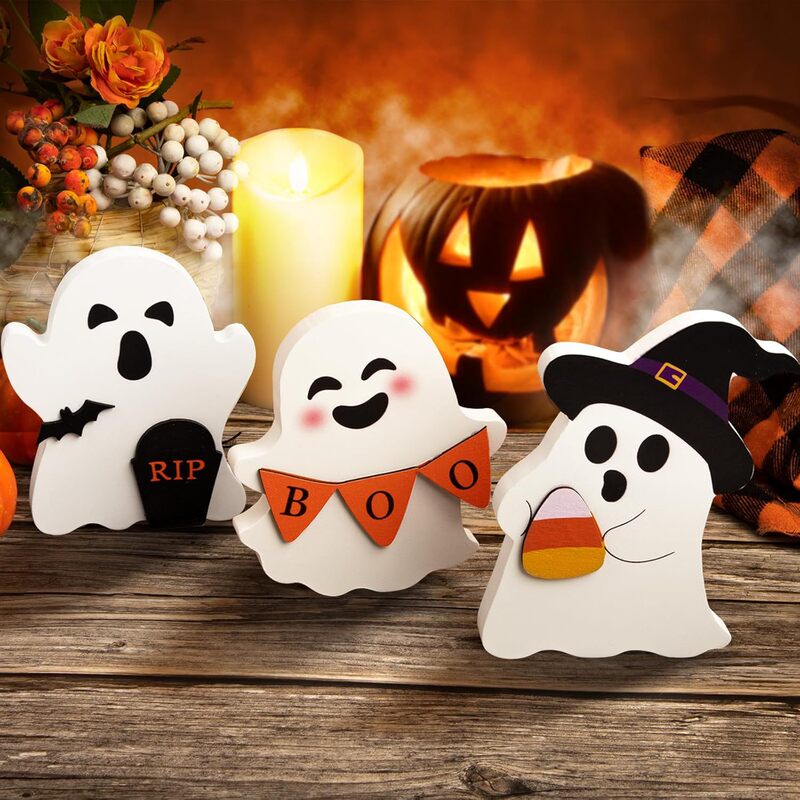 ハロウィンかわいいゴーストサインレイヤードトレイデコレーション、木製ゴーストハロウィンパーティー雰囲気装飾|undefined