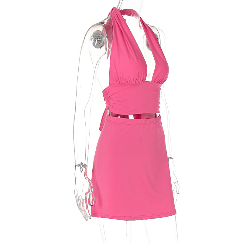 Summer Deep V Plunge Lace up Halterneck Vest Skirt Suit Outfit Women Clothing