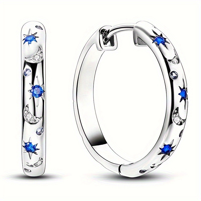 Cross-Border European and American Simple Silver Hoop Earrings Blue Star Moon Zircon Earrings Fashion Earrings