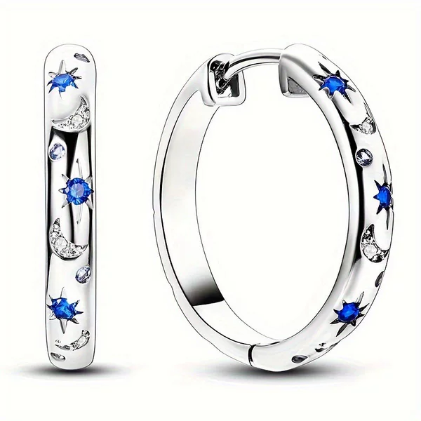 Cross-Border European and American Simple Silver Hoop Earrings Blue Star Moon Zircon Earrings Fashion Earrings