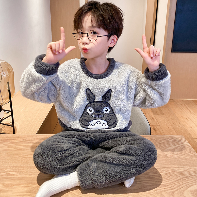 儿童睡衣法兰绒秋冬季女童珊瑚绒男孩保暖宝宝卡通洋气家居服套装