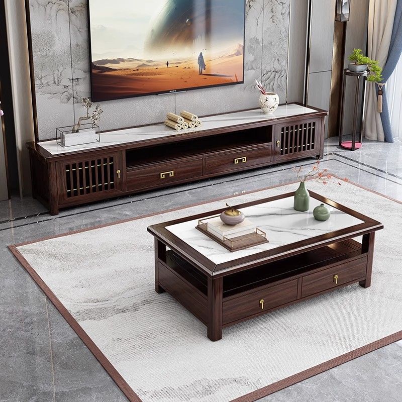 乌金木新中式电视柜套装茶几小户型组合客厅岩板落地柜矮柜靠墙