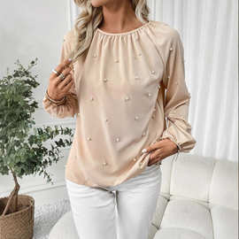 跨境外贸女装2025春季新款优雅风欧美衬衫长袖钉珠衬衣套头衫上衣