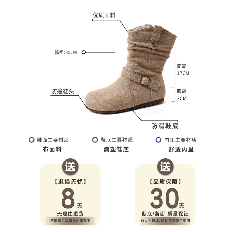 复古绒面搭扣西部牛仔靴马丁靴女鞋2025新款夏季设计感褶皱小短靴|undefined