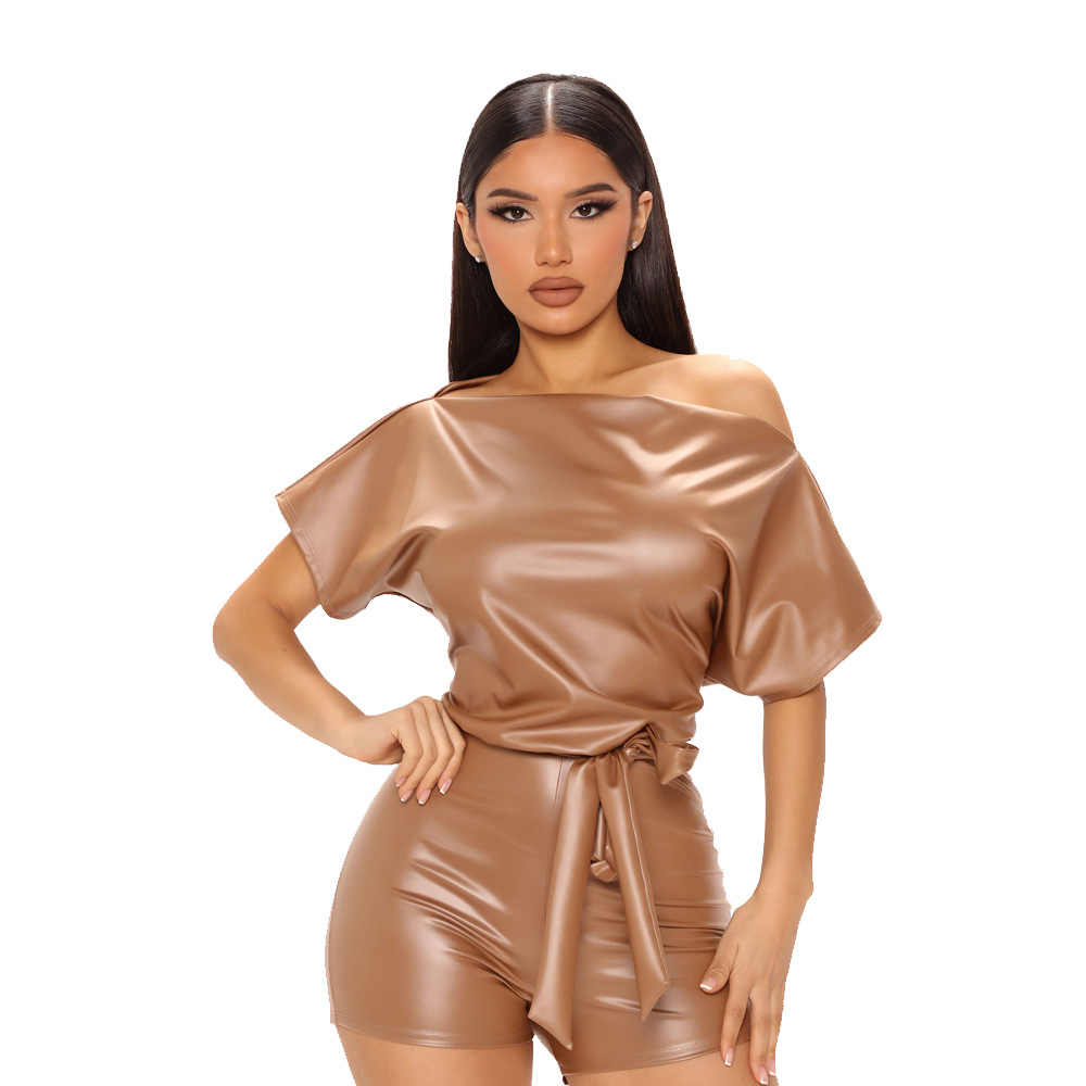 Women Summer Casual Sexy off-the-Shoulder Faux Leather Romper