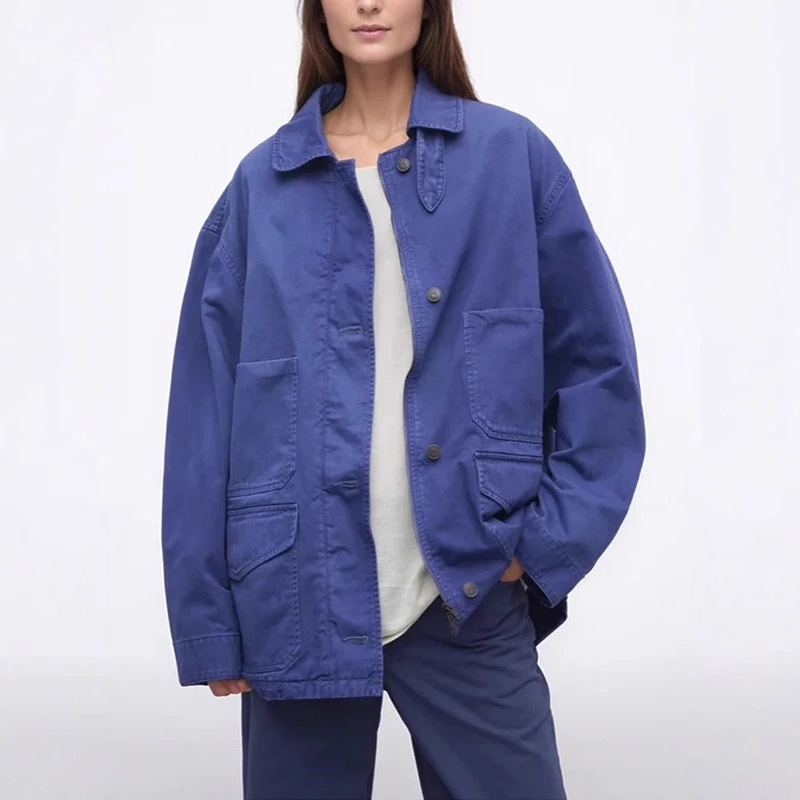 Row Style New Product Washed Color Texture Denim Long-Sleeved Lapel Jacket Women's Pure Cotton Work Jacket