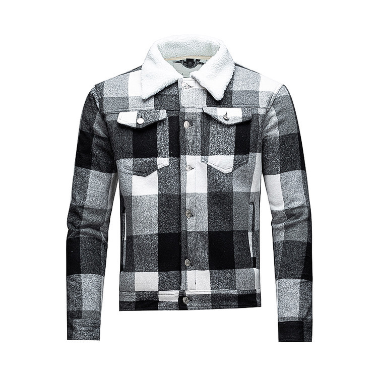 Tamaño transfronterizo de comercio exterior europeo y americano para hombres con color combinado y camisa de tela de terciopelo, abrigo de invierno, abrigo cálido, camisa de punto