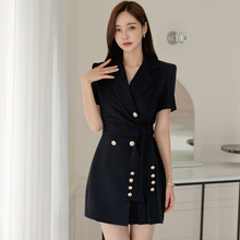 职业女装2023夏新款韩版OL气质西装领系带收腰压褶连衣裙外贸跨境