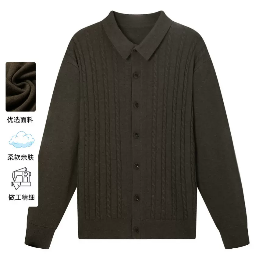 复古绞花纹纽扣开衫毛衣男春秋季老钱风编织感翻领针织衫外套上衣