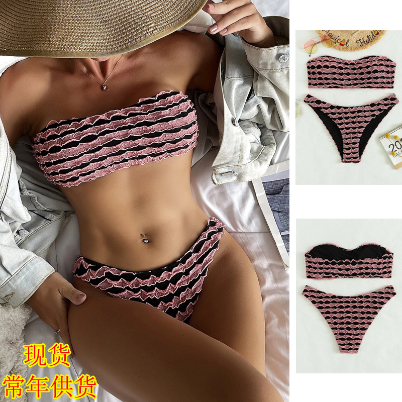 新款2021欧美 分体比基尼抹胸游泳衣女外贸BIKINI性感粉色8819