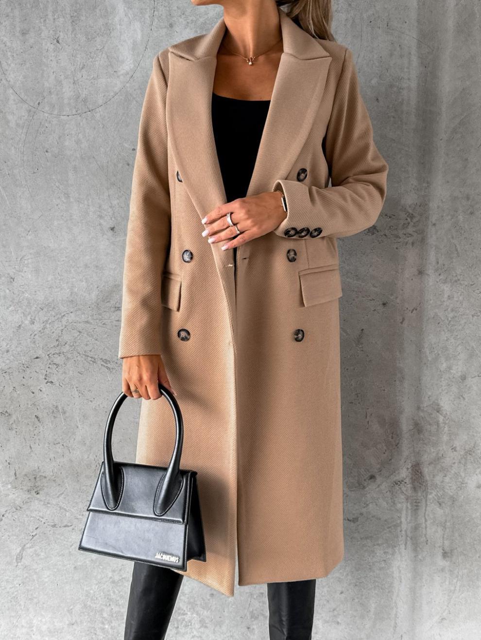 solid color simple long-sleeved double-breasted woolen coat NSYF138764