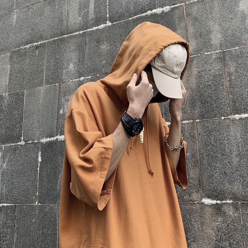 Dark fashion brand short-sleeved t-shirt men's hip hop hooded half-sleeved shirt oversize loose korean style three-quarter sleeve shirt fashion