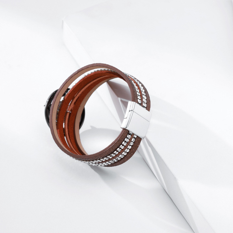 Bohemian Multilayer Hot Rhinestone Leaf Leather Bracelet