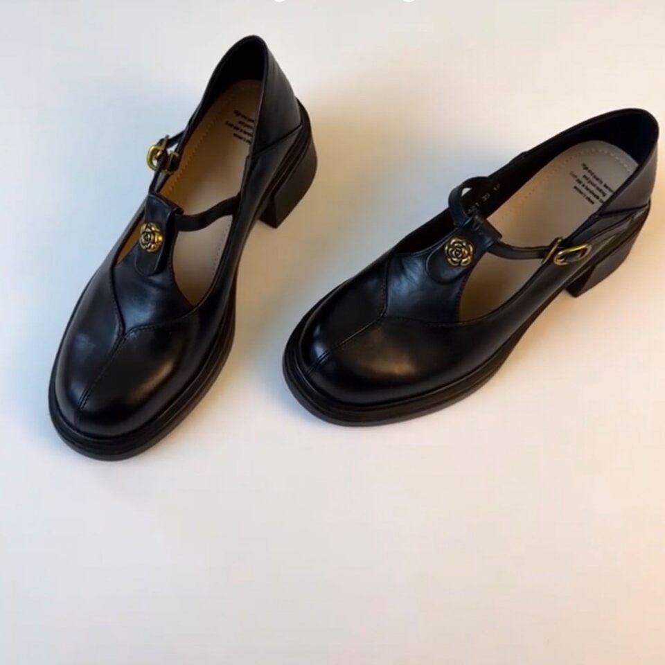 Giày Mary Jane nữ da bò thật gót vuông đế dày, mũi tròn, khóa cài, gót 5 cm — Màu đen (5cm) có sẵn