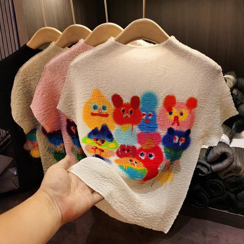 Áo thun nữ cổ đứng nhỏ tay ngắn in họa tiết hoạt hình nhiều màu mềm mỏng mùa hè — Màu xanh lục nhạt, Màu đen, Màu hồng nhạt, Màu trắng nhạt