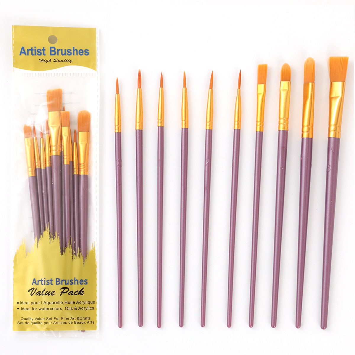 Los fabricantes venden al por mayor diez juegos de pinceles de pelo de nailon, pinceles de aceite de poste de plástico, pinceles de arte, pinceles de pintura de gouache de acuarela