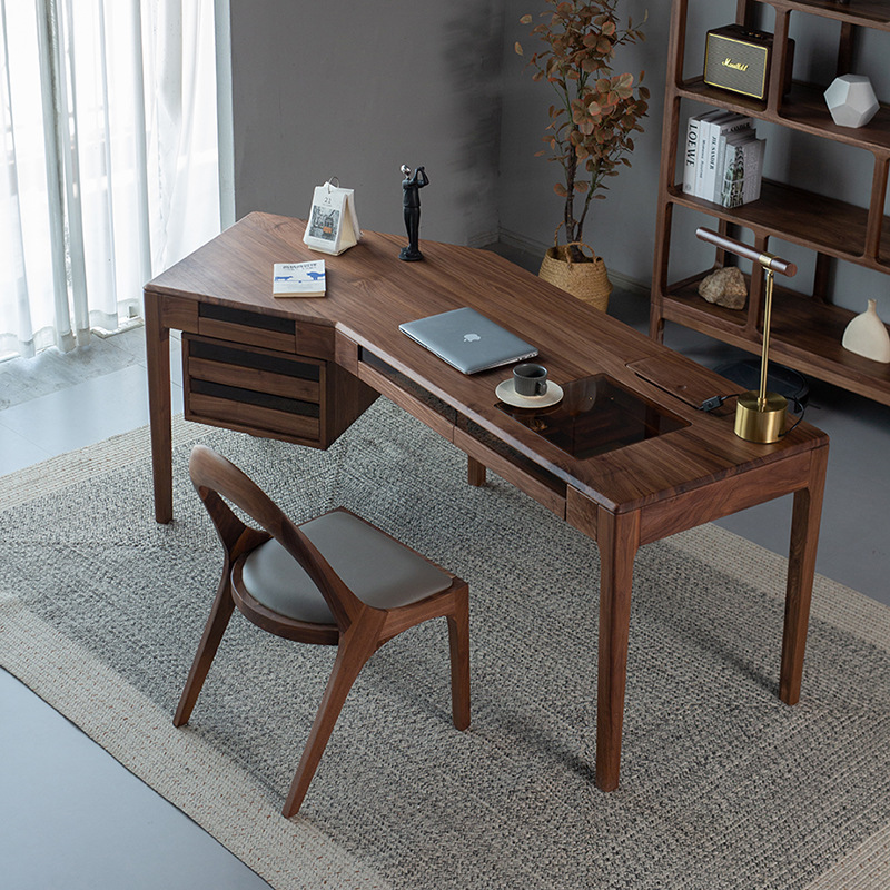 North American Black Walnut Desk Light Luxury Solid Wood Desk Modern Simple Corner Office Desk Study Computer Drawer Table