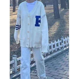 6601#V领开衫毛衣女2022年新款复古日系慵懒学院风设计感小众外套