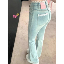 蕾丝拼接少女感微喇弹力牛仔裤2025春秋季新款修身长裤