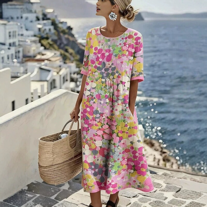 Independent Site Cross-Border Amazon Creative Totem Print Women's Summer New V-Neck Dress Short-Sleeved Mid-Length Dress Independent Site Cross-Border Amazon Creative Totem Print Women's Summer New V-Neck Dress Short-Sleeved Mid-Length Dress