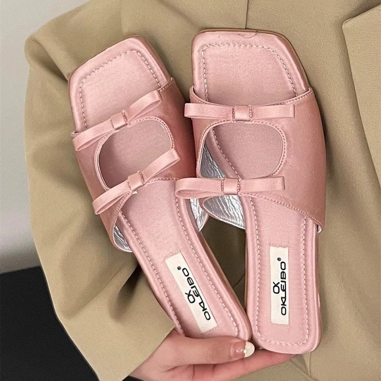 女鞋2024春夏季粉红色仙女鞋外穿小众设计款蝴蝶结露趾沙滩凉拖鞋
