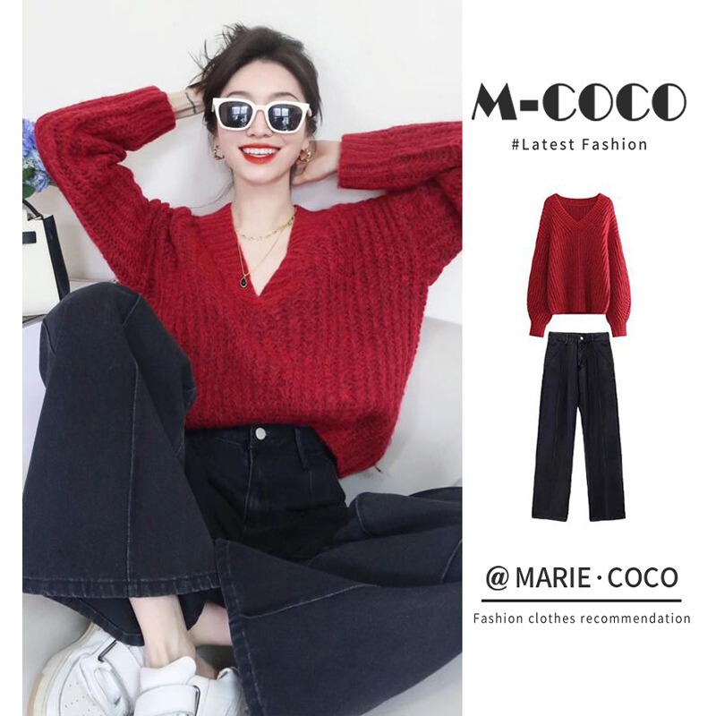 Korean high-end fashion royal sister-style red v-neck sweater high waist Denim pants early and autumn wear a set