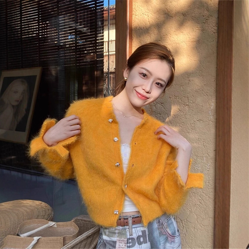 French Orange Mohair Knitted Cardigan Women's Spring and Autumn Loose Lazy Soft Waxy Sweater Design Short Top