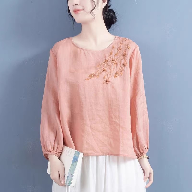 A Retro, Artistic Women's Shirt With A Round Collar And Long Sleeves, Embroidered With Ramie Fabric Patterns; Perfect Fo_ecoleips.com