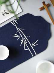 A5L Aspiration Small Tea Mat, Hand-woven Hemp Zen Fabric Tea Ceremony Cup Mat, Cotton & Hemp Chinese Dry Brew Tea Table Mat with Embroidered Characters