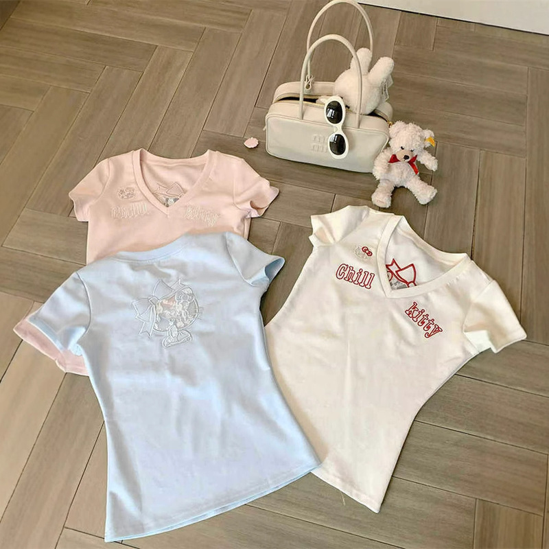 American Style Retro Hollow Lace Kitty Short-sleeved T-shirt Women's Summer Slim-fit Slimming V-neck Spice Girl Short Top Clothes