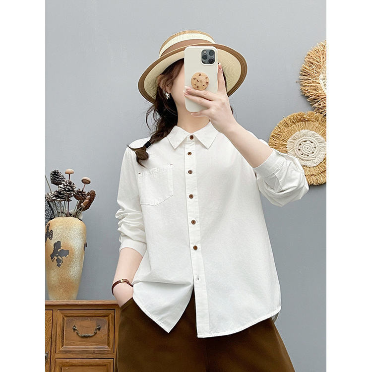 Spring Thin Retro Square Collar Long-Sleeved Shirt for Women, Loose Casual Pure Cotton Top, Versatile Fashionable Solid Color Shirt for Women