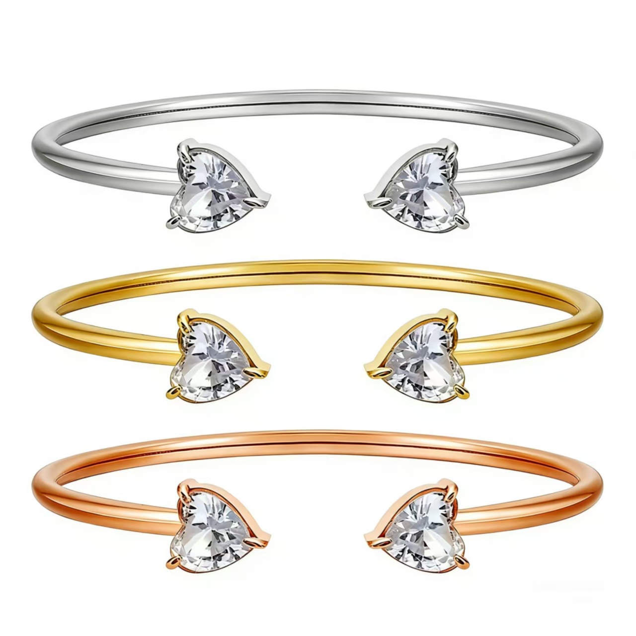 爱心钛钢锆石玉石开口手镯轻奢设计三色翡翠可选不掉色百搭通勤