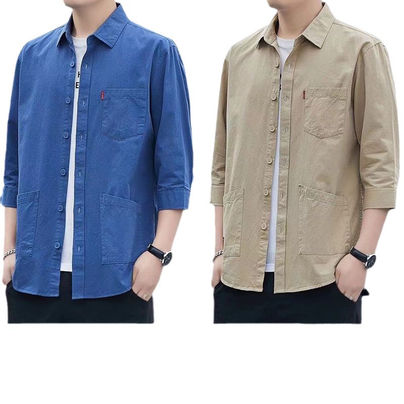 Camisa de manga tres cuartos de verano suelta de algodón 100% de alta gama, camisa de manga corta de herramientas casuales para hombres, chaqueta de manga media