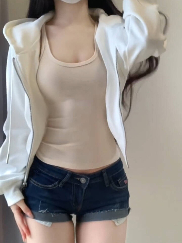 美式辣妹短款白色开衫卫衣女秋季双拉链设计感纯欲风收腰连帽外套|undefined