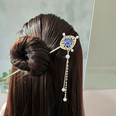 High-end blue floral tassel hollow hairpin for women, ancient-style hairpin for updo, Hanfu hair ornament, versatile hair accessory