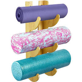 木制瑜伽垫储物架壁挂式家庭健身房支架多层木制瑜伽带毛巾收纳架